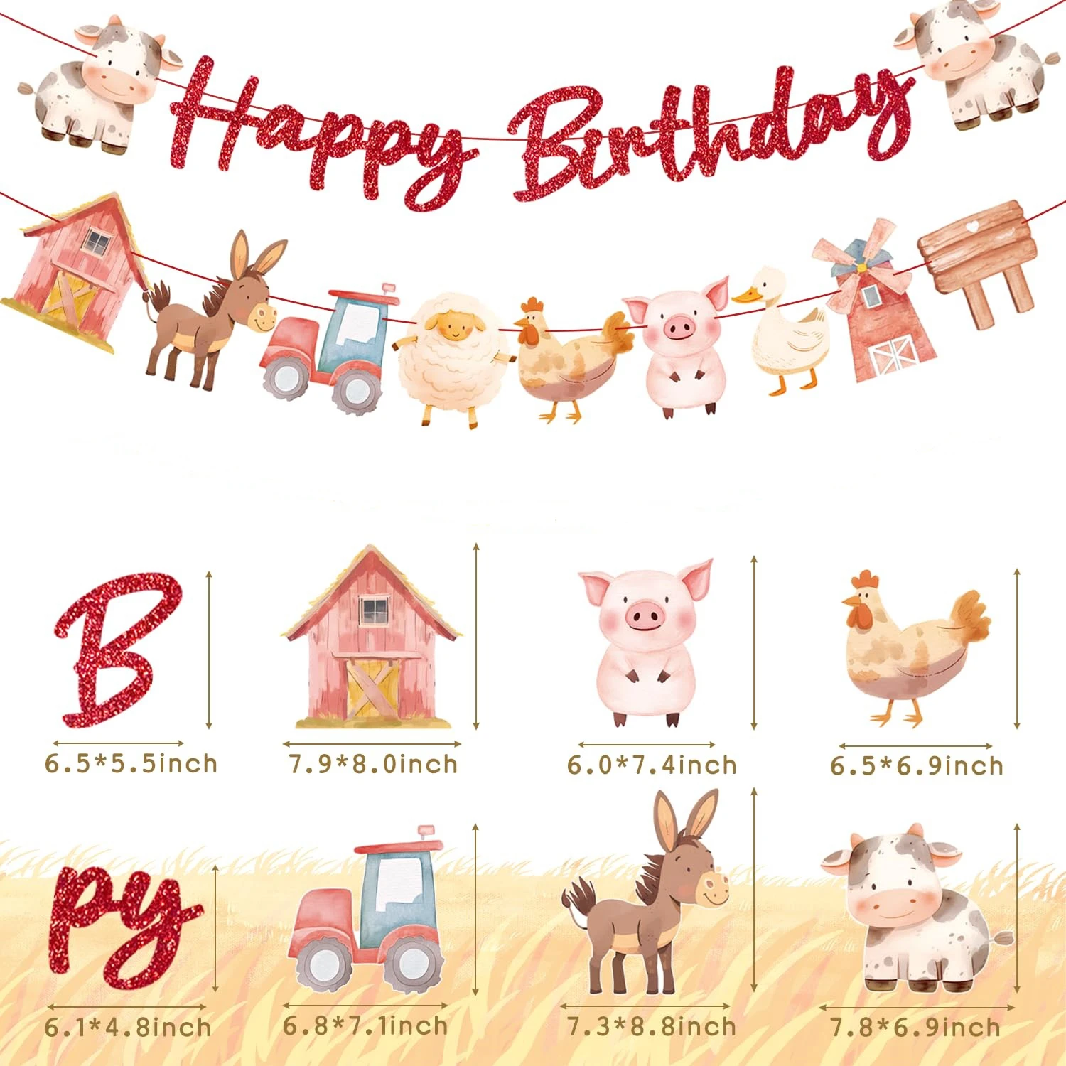 Geburtstagsbanner mit Bauernhoftieren, Hühner- und Schweine-Hängebanner für Jungen und Mädchen, Babyparty-Dekorationen ﻿ – Detail 4