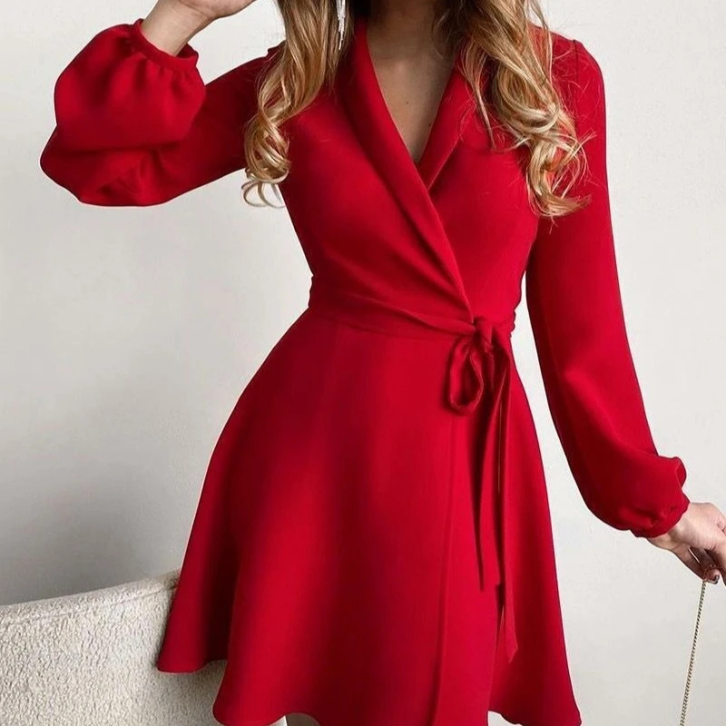 Sukienka mini na wiosnę i jesień, sznurowana, z nadrukiem, damska, modna, z dekoltem w serek, z paskiem, z długim rękawem, elegancka, podkreślająca talię, w kształcie litery A.