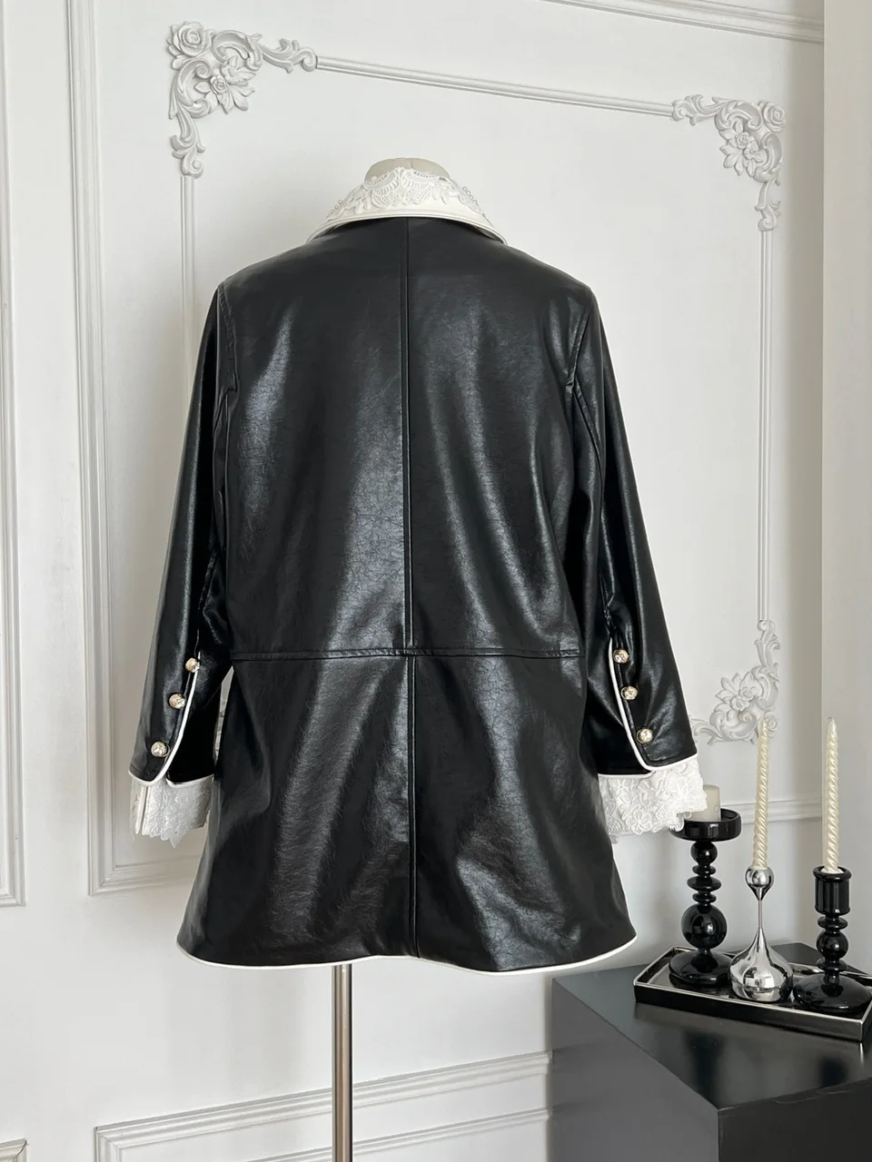 Cappotto in pelle PU ecologico Jaet da donna vintage Sle di media lunghezza con colletto in pizzo Design fatto a mano Colore Bla Calore fornito