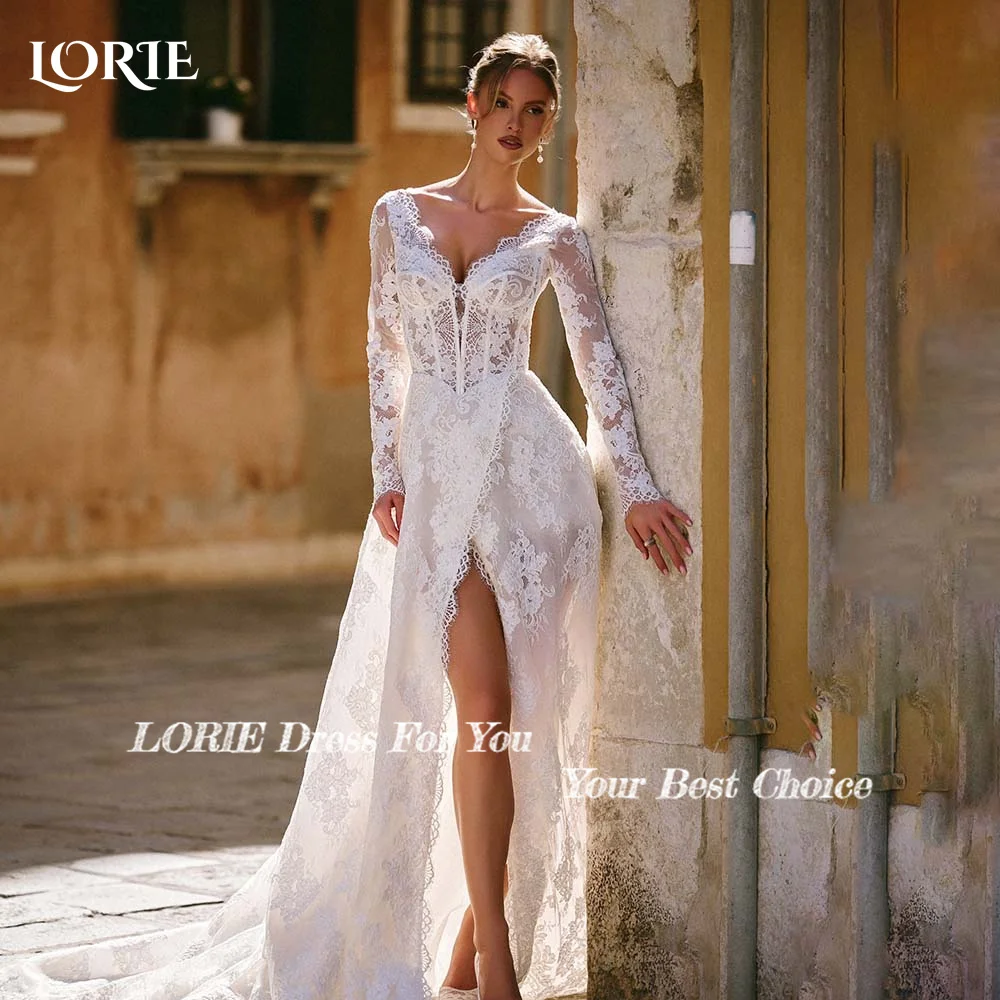 LORIE-Robes de mariée Hi-Lo en dentelle avec appliques à col en V, robes de mariée à manches longues, quelle que soit la plage, robe de patients, robe éducative de mariée