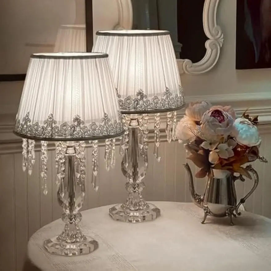 Set of 2 Modern Bedside Crystal Table Lamps with ruched fabric lampshade, elegant dimmable design (12.8