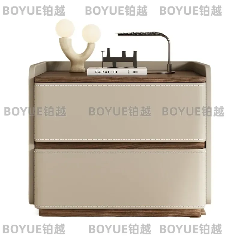 Italian Style Wooden Nightstand with Leather Belt Detail Two Drawer Bedside Table for Bedroom Hotel Apartment Eco Friendly