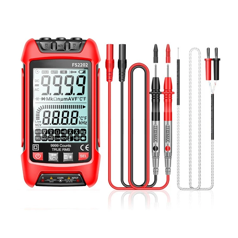 FS2202 Auto Range Digital Multimeter 9999 Counts TRMS AC DC Voltmeter Amp NCV Resistance Capacitance Transistor Tester