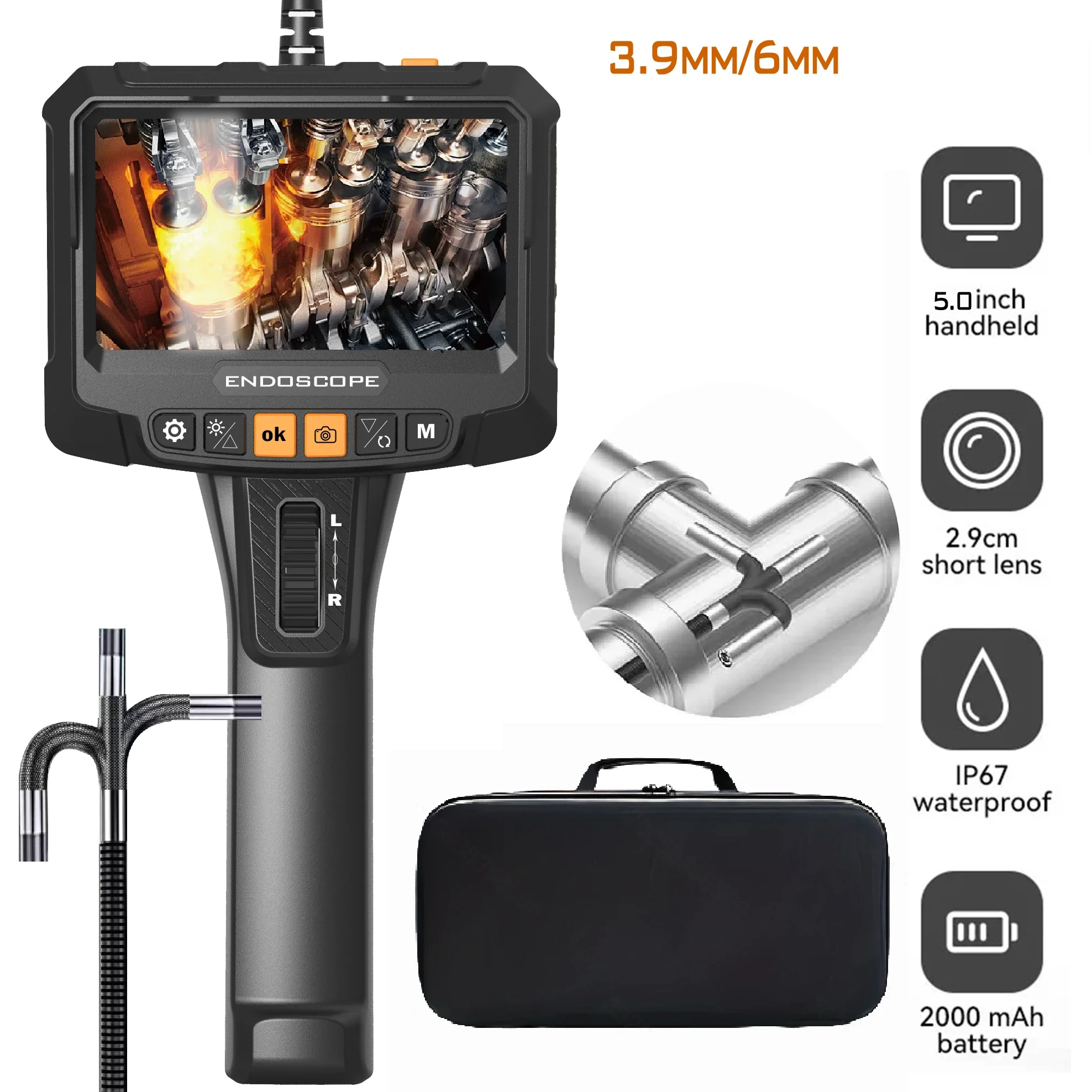 جديد 5 بوصة 360 °   الدورية المزدوجة عدسة المنظار 3.9 مللي متر IPS كاميرا فحص جيد الصرف الصحي السيارات الميكانيكية الصناعية Borescope