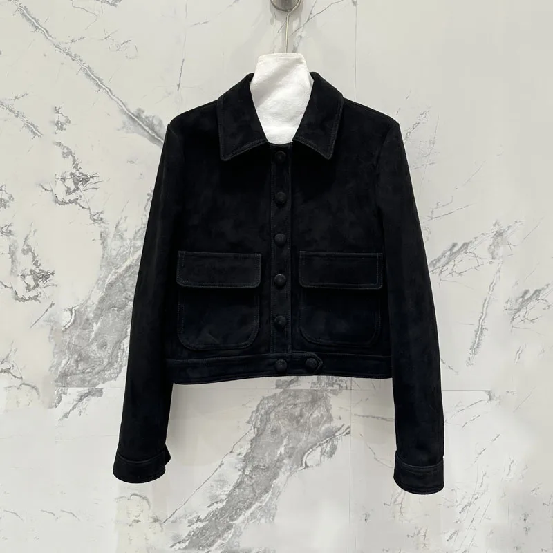 cappotto da donna primavera e autunno Giacca lussuosa lunghezza corta Pelle scamosciata Manica lunga con fibbia a fila singola