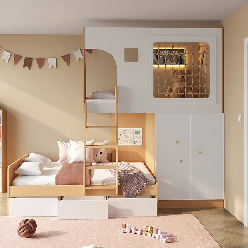 Multi-functional combination small apartment high and low bed bunk bed tree house combination upper bed and lower table