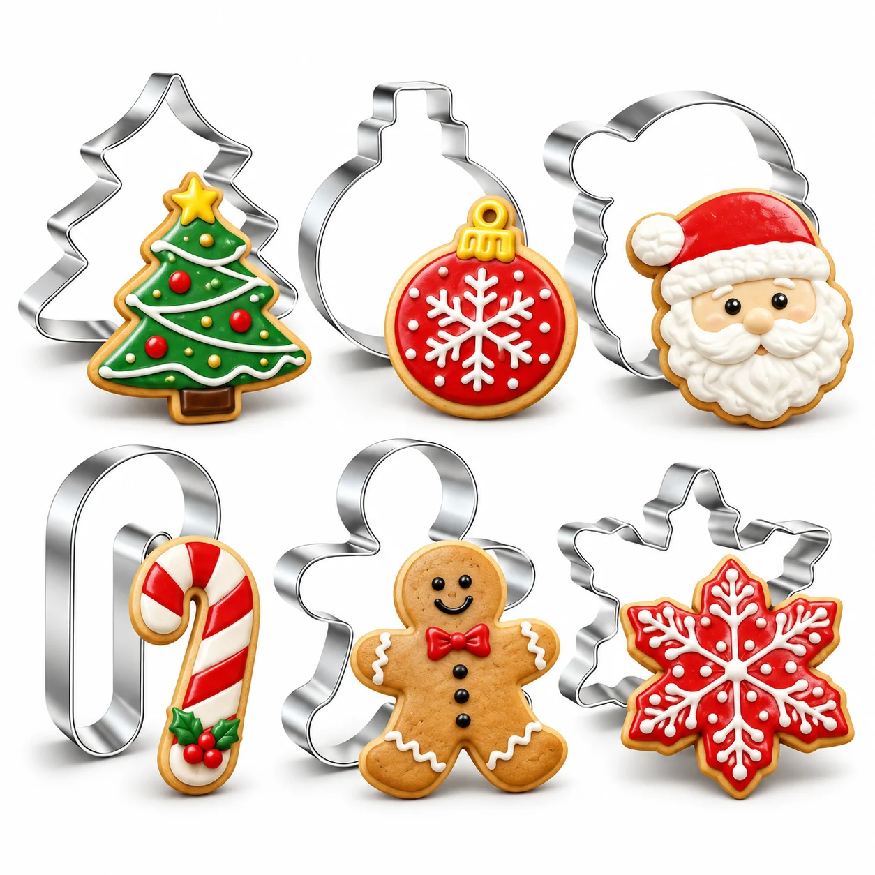 6PCS Christmas Cookie Cutter Set Food-Safe Stainless Steel Red Edge Cutters for Candy Cheese Fruit Pancake Home DIY Baking