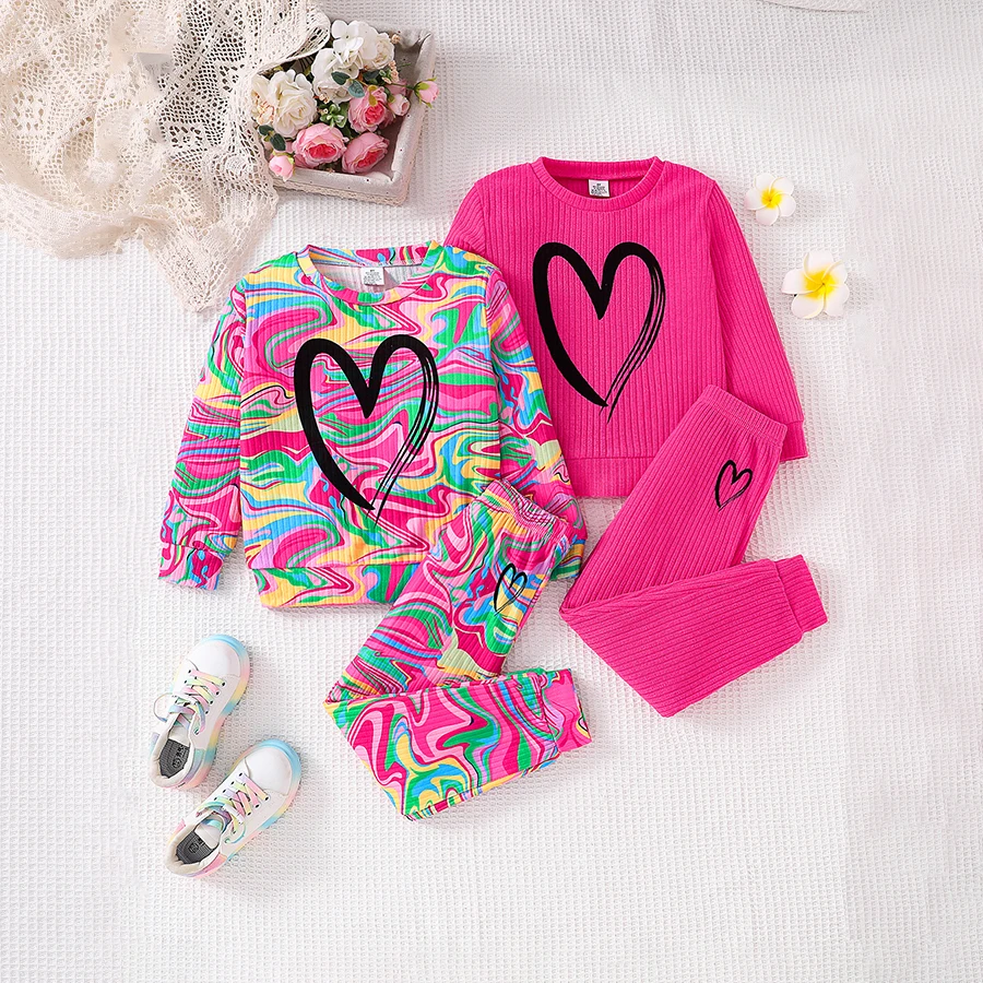 2 sets of autumn children\'s clothing, fashionable girls\' knitted round neck long sleeved+comfortable slim fit pants - pink+multi