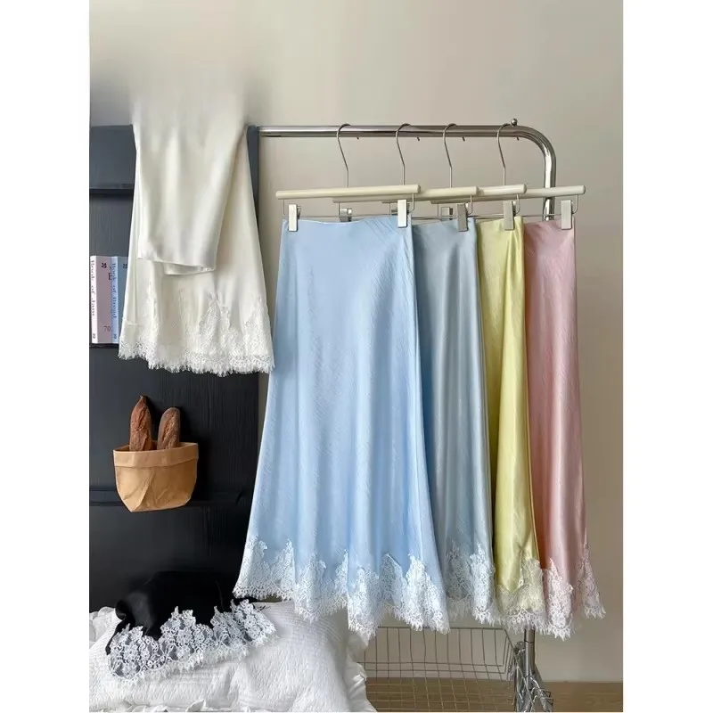 

Beiyingni French Elegant Satin Mermaid Skirt Women Spring Summer Lace Patchwork Pack Hip Long A-line Skirts Office Ladies Faldas