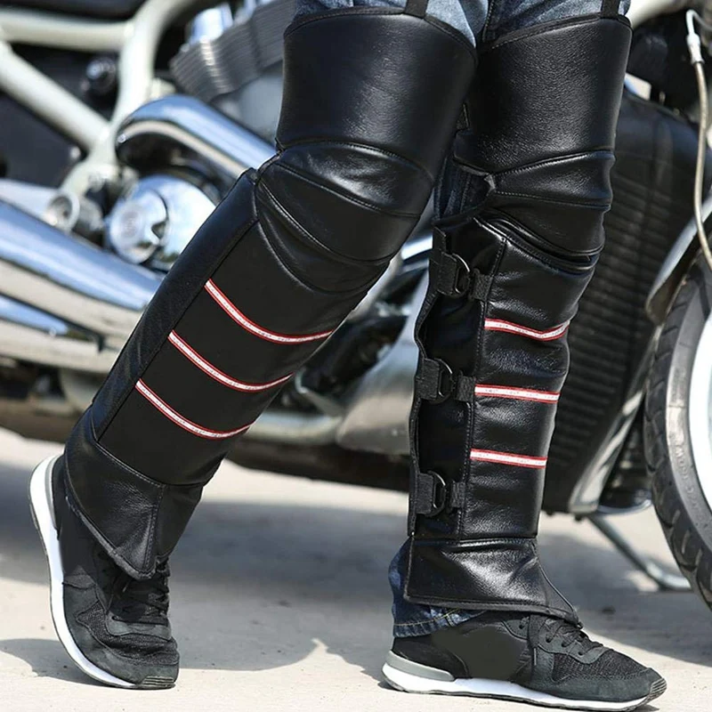 

Motorcycle Bike Protective Knee Pads, PU Leather Windproof Men's Leg Gaiter Adjustable Strap Warm Leggings Covers Motorcycle Rid