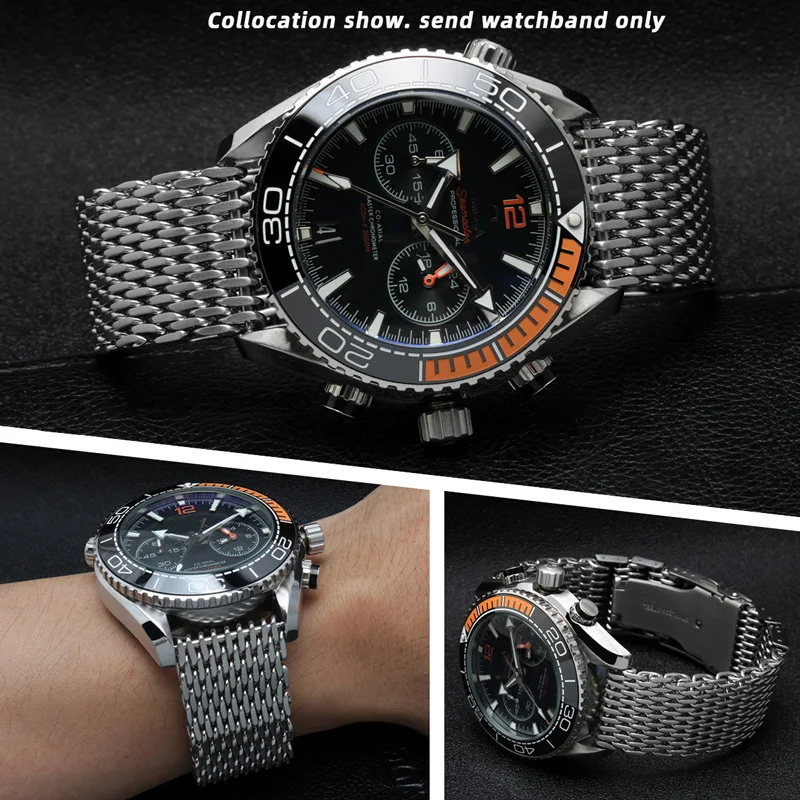 20/22/24mm Steel Dive Shark Mesh for Milanese Watch Bracelet Strap Band Weaving Double Snap Strap  For Breitling Omega Seiko