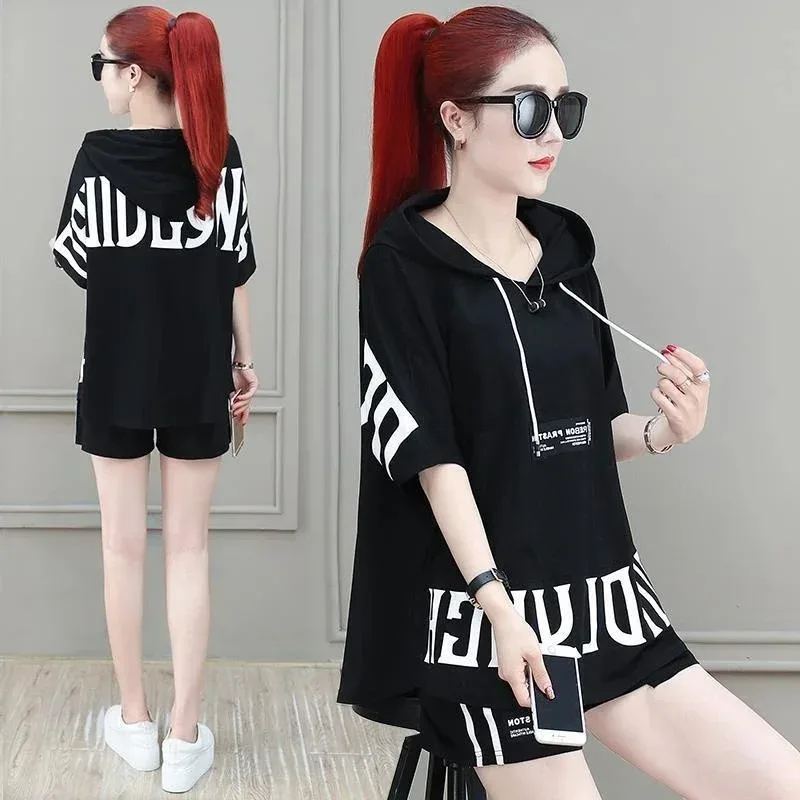 

Women's Casual Shorts Suit 2025 Summer New Korean Letter Hooded Sweater Top 2 Two Piece Set Fashion Sportswear Outfits for Women