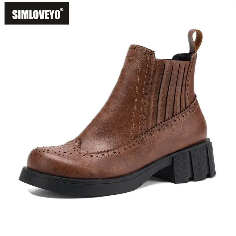 

SIMLOVEYO Brown Women Ankle Boots Round Toe Slip On 4.5cm Chunky Heel Plus Size 40 41 42 43 Casual Daily Short Booties Footwear