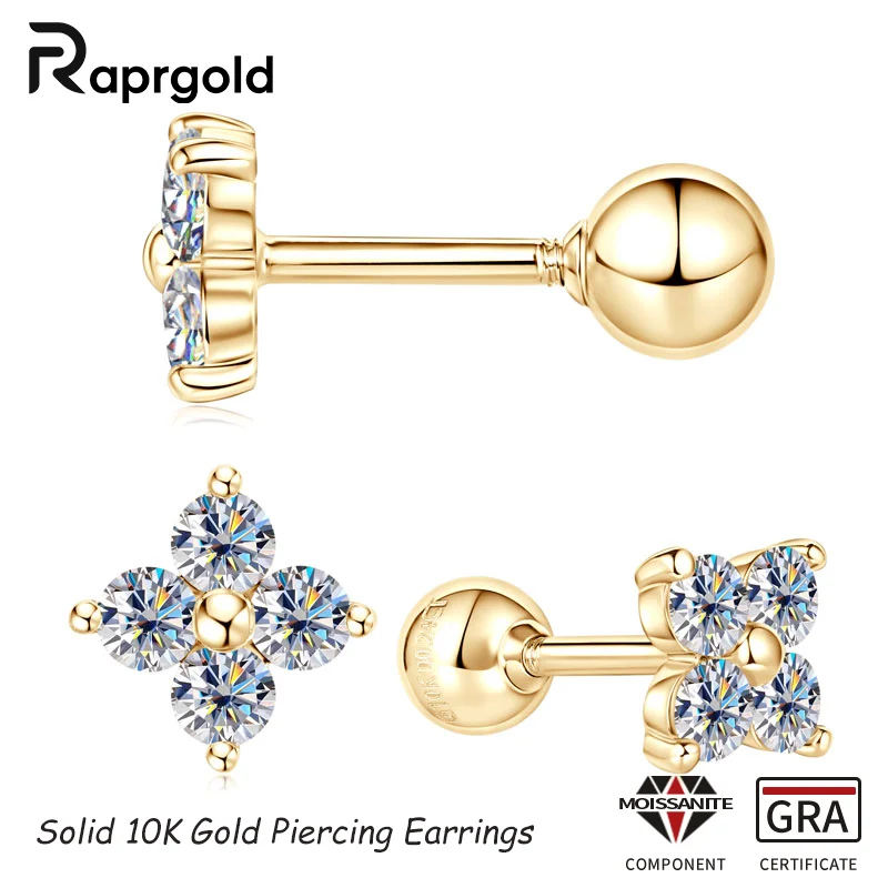 

RAPRGOLD GRA Certified Moissanite 10K Yellow Gold Screw Ball Earrings for Women Exquisite Piercing Cartilage Studs Jewelry Gifts