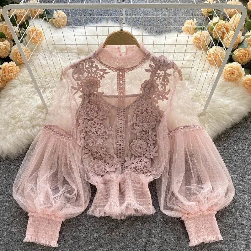 Elegant Mesh Lace Embroidery Women Blouse Lantern Sleeve See Through Sexy Shirt Women Vinatge Lady Slim Tops with Lining 25914