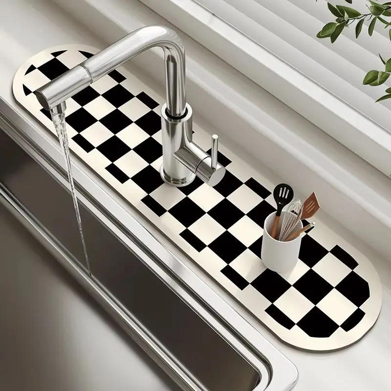 VIKAMA Black White Checkered Faucet Mat Super Absorbent Kitchen Sink Draining Pad Non Slip Countertop Splash Guard