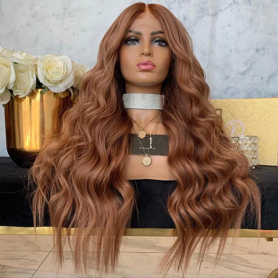 

Super Long Golden Brown Natural Body Wave 13x4 Lace Front Synthetic Wig for Black Women Glueless High-Temperature Fiber Wigs