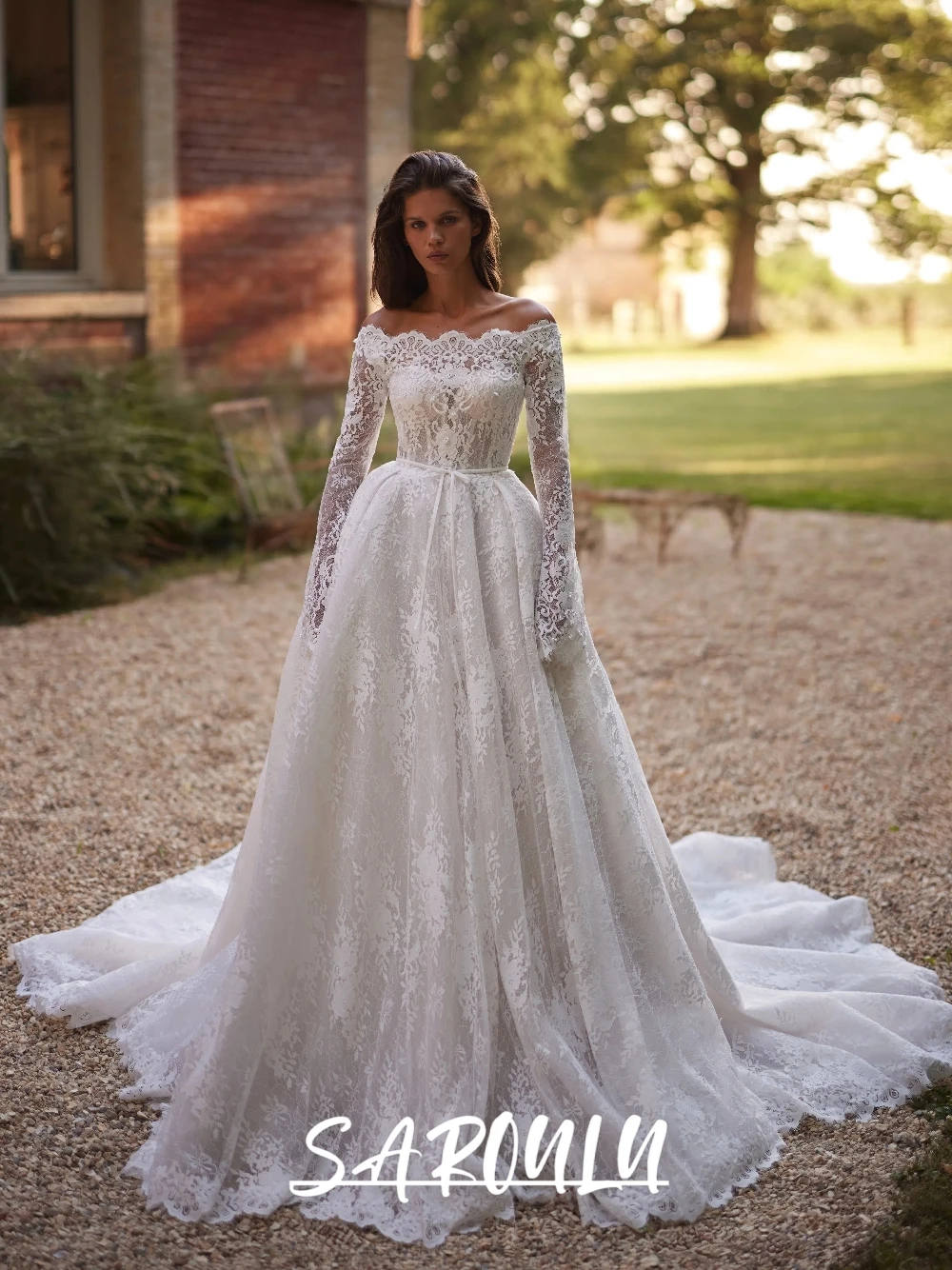 

Fully Lace Customized Wedding Dress Graceful Off Shoulder Princess Bride Wear Buttons Back Intricate Long Train Bridal Gown