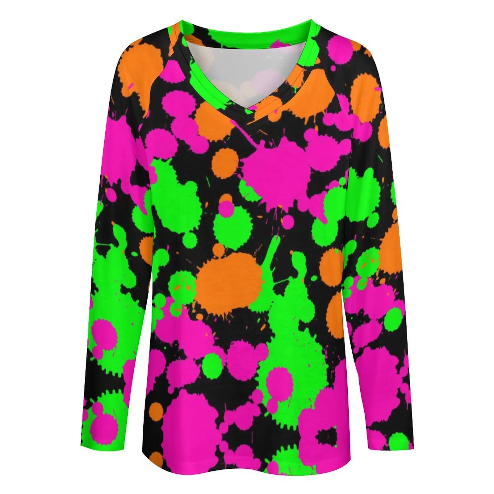 Neon Paint T-Shirts Graffiti Splatter Print Casual Loose T Shirt Long Sleeve Y2K Design Tee Shirt Women Clothing Large Size