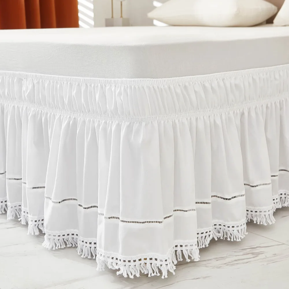 Bed Decoration Elastic White Fringed Bed Skirt Stretchable Ruffled Under-bed Covering Skirt Romantic Dust-proof Bed Cover Hotel