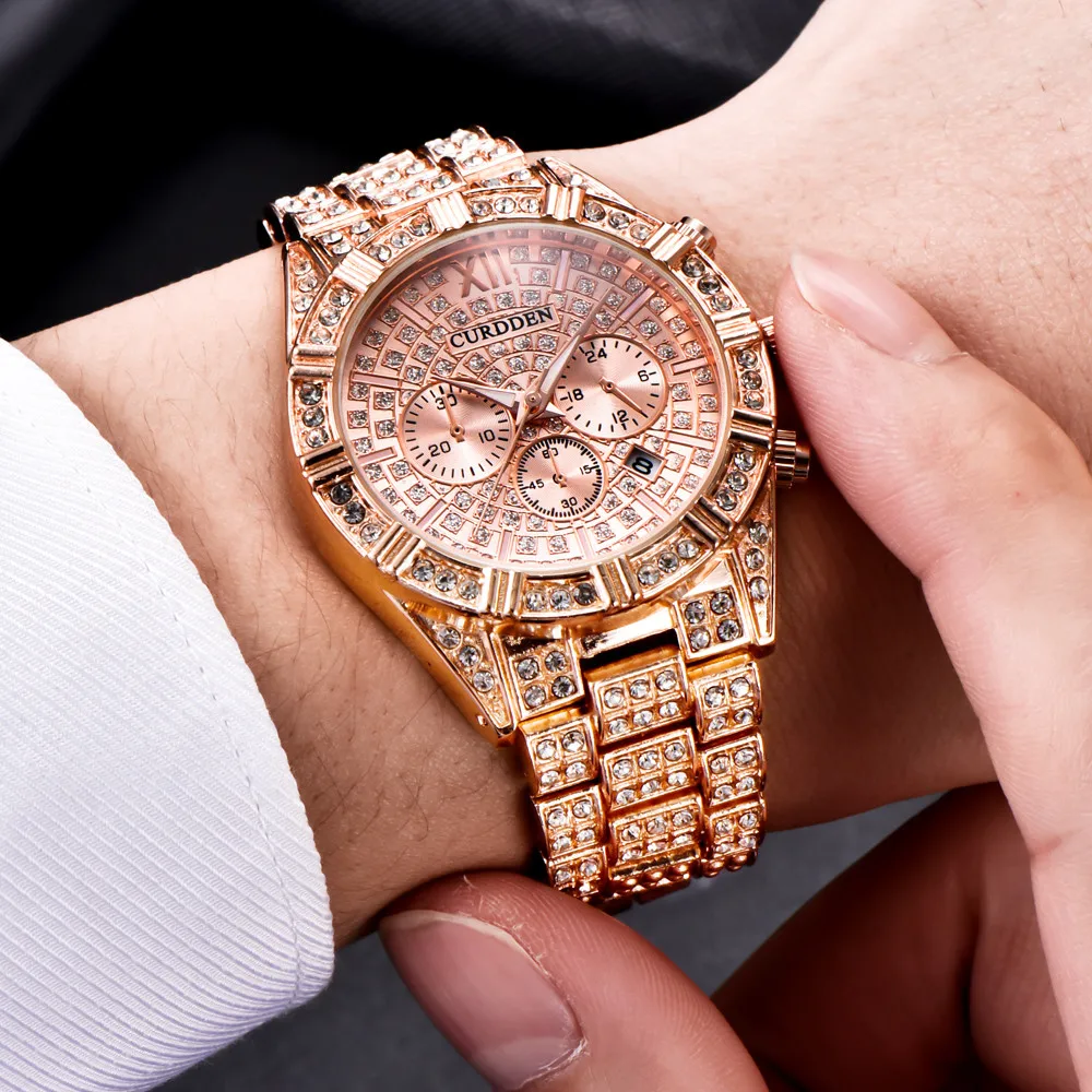 Full Rhinestone Men’s Watch Chic Geometric Steel Band Couple Watch Romantic Rose Gold Three Eye Calendar Quartz Wristwatch