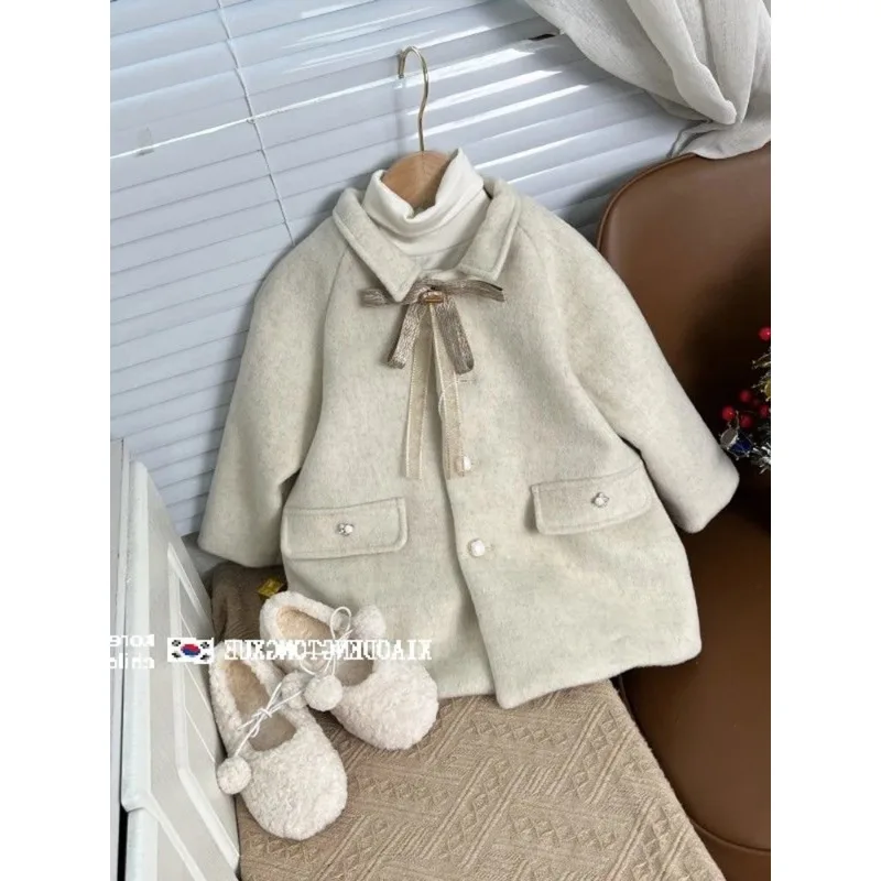 Outerwear Girls Woolen Fabric Overcoat Winter Bow Knot Thickening Coat Baby Fashion Single Row Buckle Open Stitch