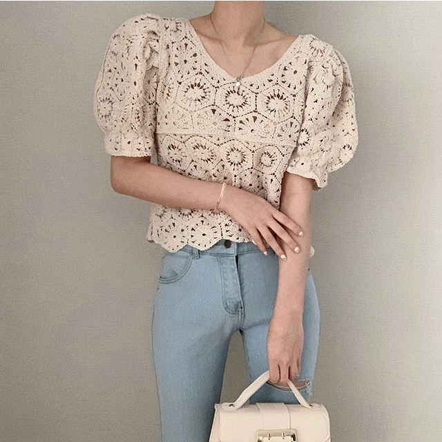 Ladies Puff Sleeve Vintage Lace Crop Top Women Summer New Fashion Casual Female Elegant T-shirt Dropshipping Cheap Wholesale