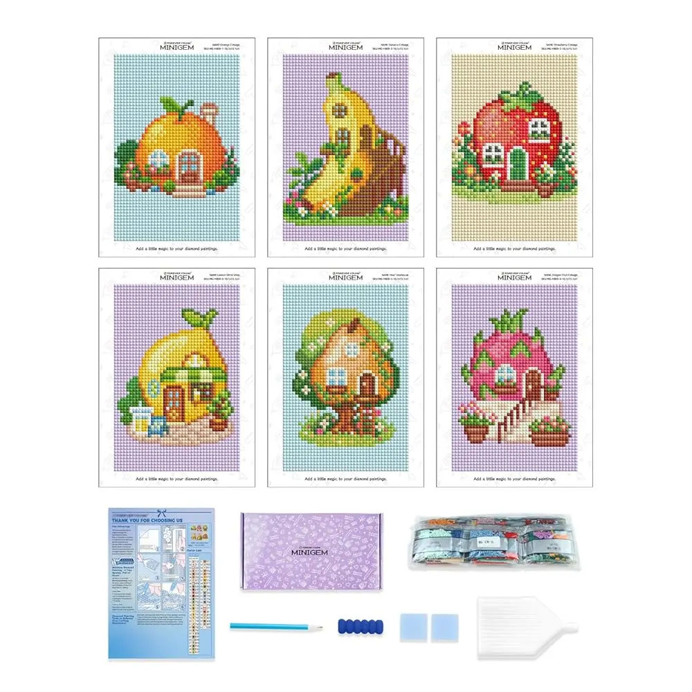 

Наборы для алмазной вышивки Minigem для начинающих, 6 шт. Наборы для алмазной живописи с фруктовым коттеджем, квадратные, из смолы, для взрослых, 2-часовая работа, холст Sma