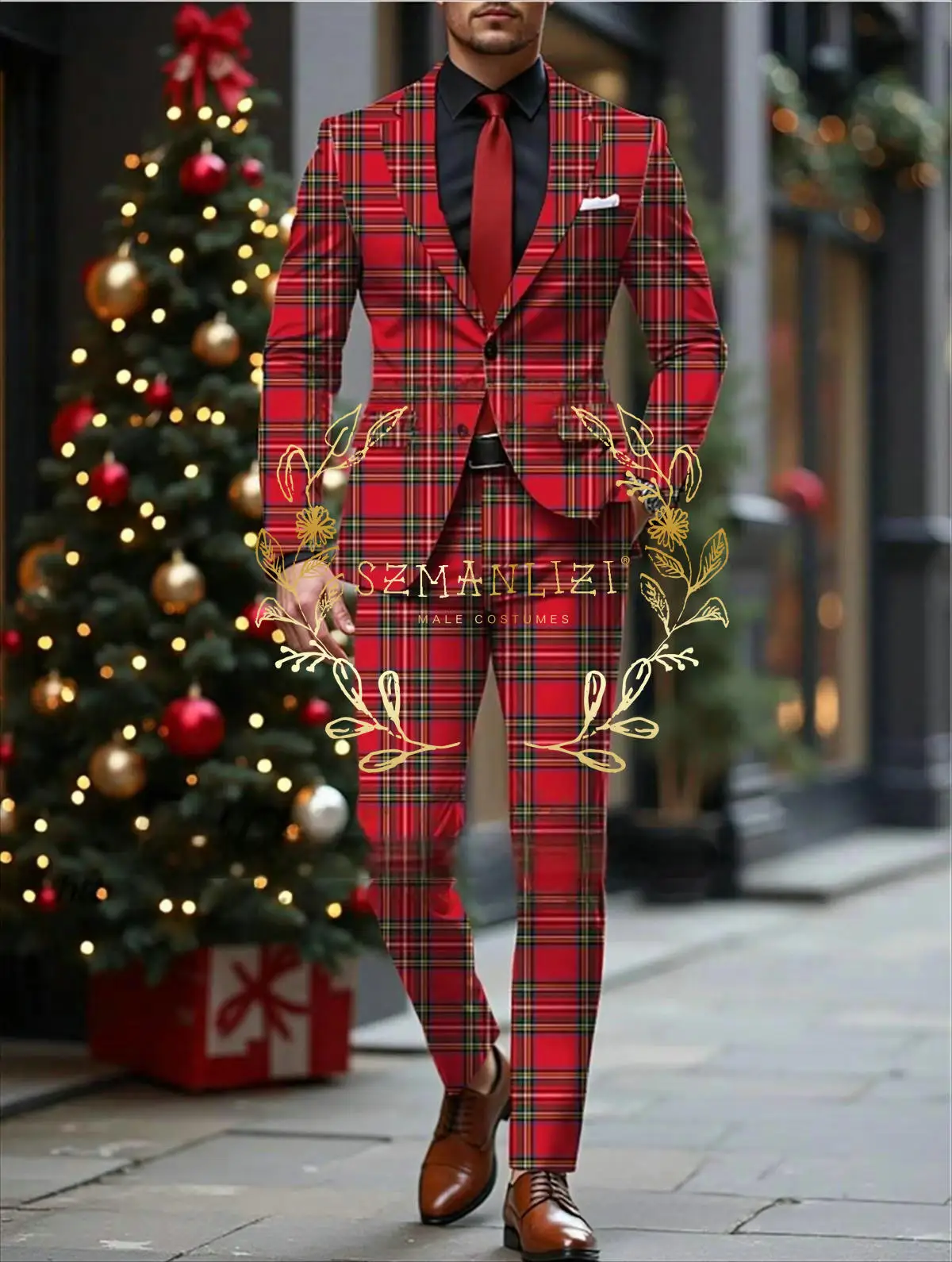 

Christmas Red Plaid Fashion Men Suits Slim Fit Notched Lapel Groom Formal Tuxedos 3 Pcs Sets Handsome Male Blazers Costume Homme