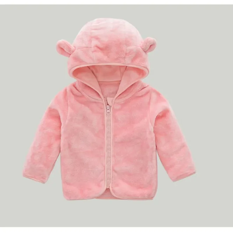 New Winter Baby Girls Coat Furry Warm Zipper Trench Coat Thick and Fluffy Bear Ears Hooded Solid Color Coat Top (0-4 Years)