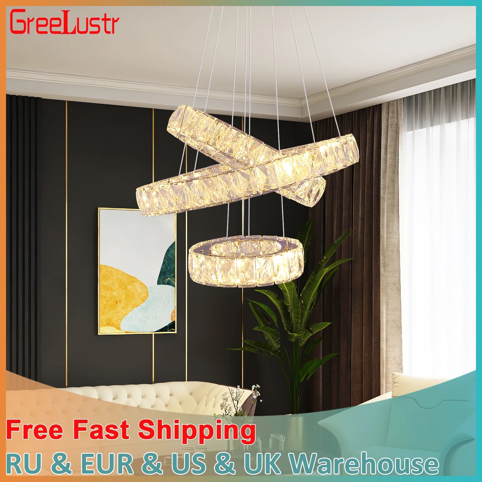 Modern Pendant Light Luxury Big Crystal LED Chandelier Home Appliance Decorate Lustre Hanging Fixture Ceiling Lamp Living Room