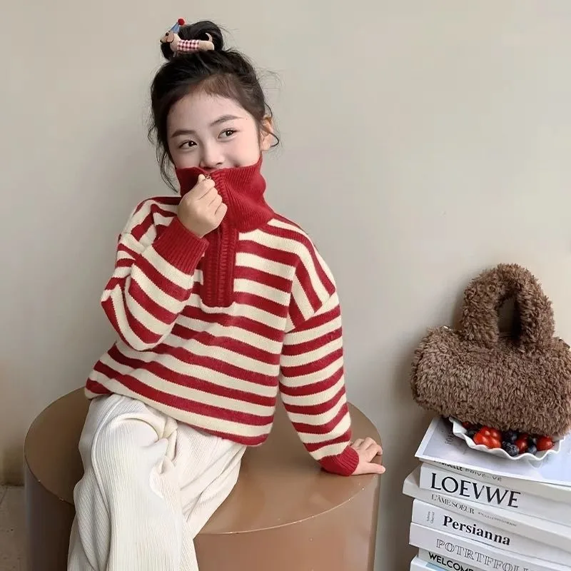 

Girls' Winter 2025 New Striped Knitwear Sweater Kids' Thermal Collared Half-Zipper Thickened Tops