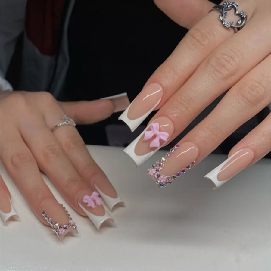 24Pcs Long Square Head Nails Set Press on White French 3D Bow Design False Nails Rhinestone Wearable Full Cover Fake Nails Tips