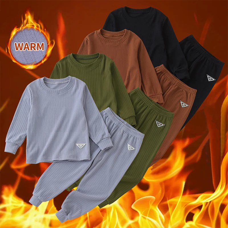 2-piece Autumn And Winter Children's Solid Color Round Neck Groove Strip Fashion Suit For Boys And Girls Casual Sports Warm Top