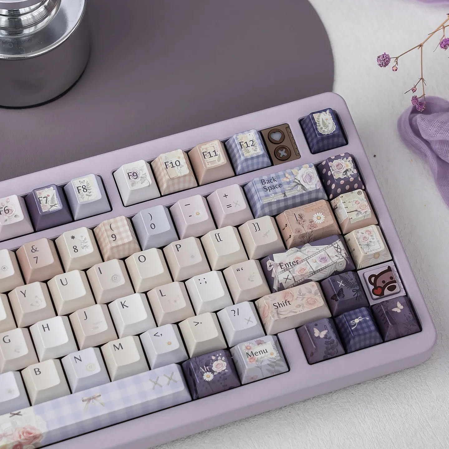 URE Purple A Dream of Flowers Pearlescent Metal Floral keycaps PBT Dye-Sub Custom Keycap Sets For MX Switch Mechanical Keyboard
