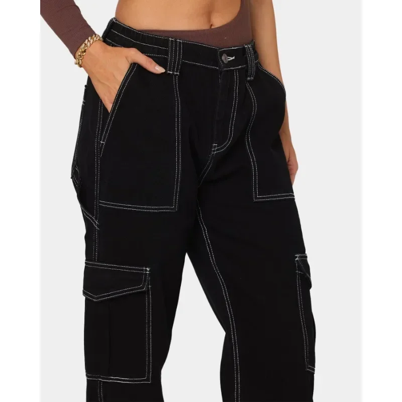 Pantalon en Denim à Jambes Larges pour Femme, Streetwear, Vêtements de Travail, Multi-Sacs, Tendance, Taille Haute, Cargo, artificiel astique