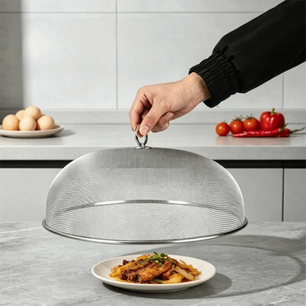 Long-Lasting Fine Mesh Mesh Food Cover Reusable Stackable Stainless Steel Food Tent Round Breathable Plate Cover Kitchen