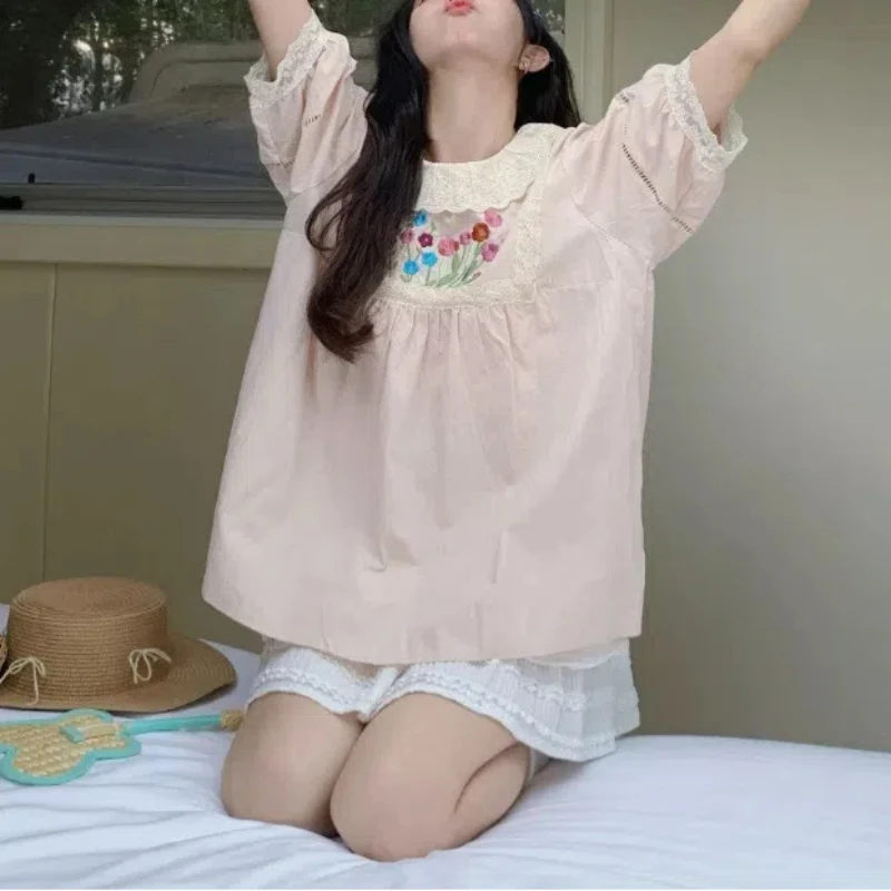 Vintage Preppy Style Summer 2024 Lolita New Patchwork Pullover O-Neck Lace Embroidery Fashion Loose Short Sleeve Blouses Shirts