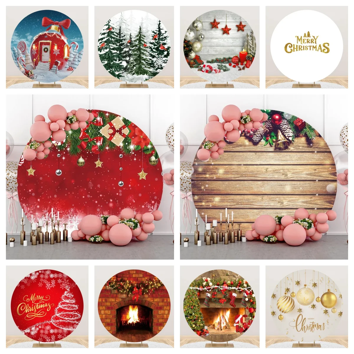 Merry Christmas Round Backdrop Cover Retro Wooden Wall Fireplace Christmas Tree New Year Family Party Photo Background Studio