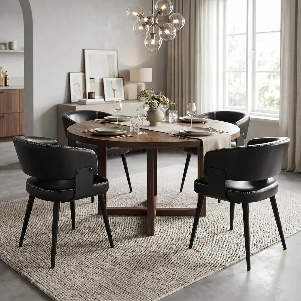 

Set of 4 Vintage Black Upholstered PU Leather Dining Chairs with Curved Metal Legs