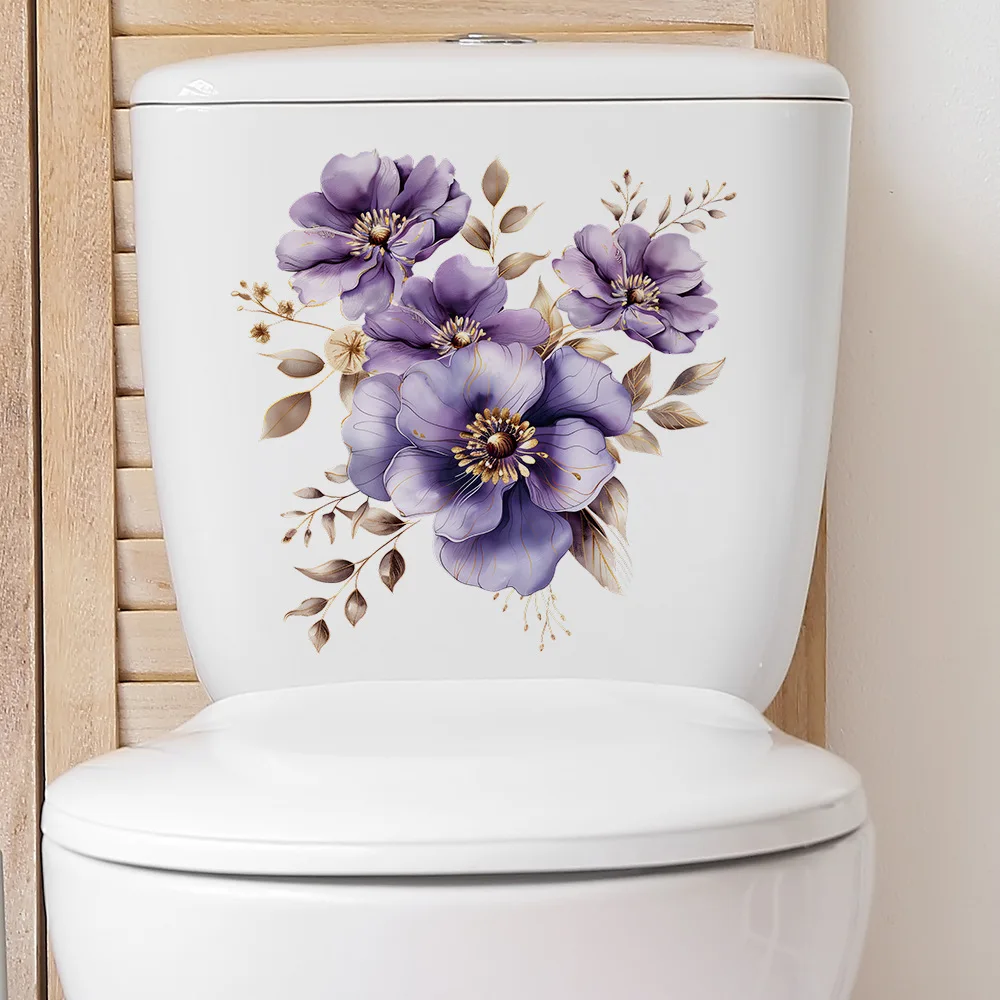 Purple Flowers Decorative WC Toilet Cover Wall Sticker For Toilet Decoration Bathroom Decoration Adhesive Wallpaper Wall Decor