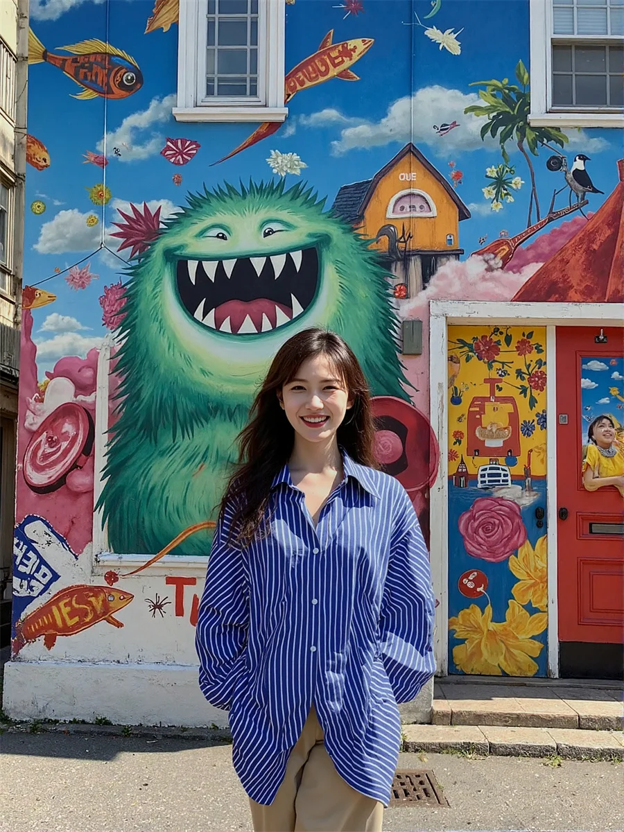 

Синие полосатые рубашки, элегантные женские блузки, одежда, женская летняя женская простая мода, струящаяся, высокопрочная, женская, в корейском стиле, Ins