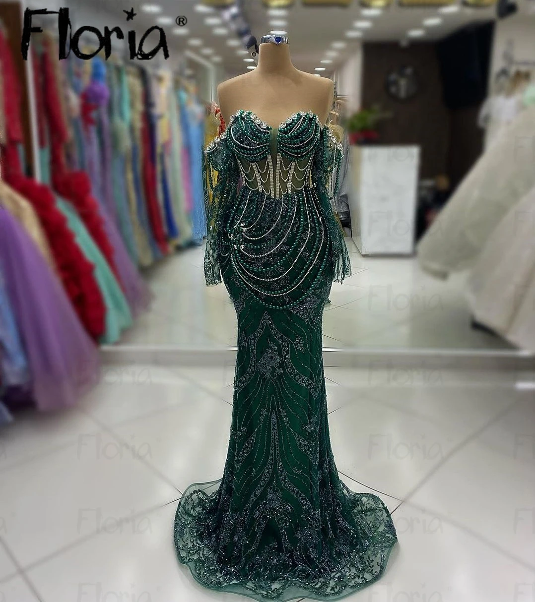 Floria Emerald Green Pearls Evening Dress Off Shoulder Mermaid Vestidos De Noche Dubai Prom Dresses Plus Size For Black Girl