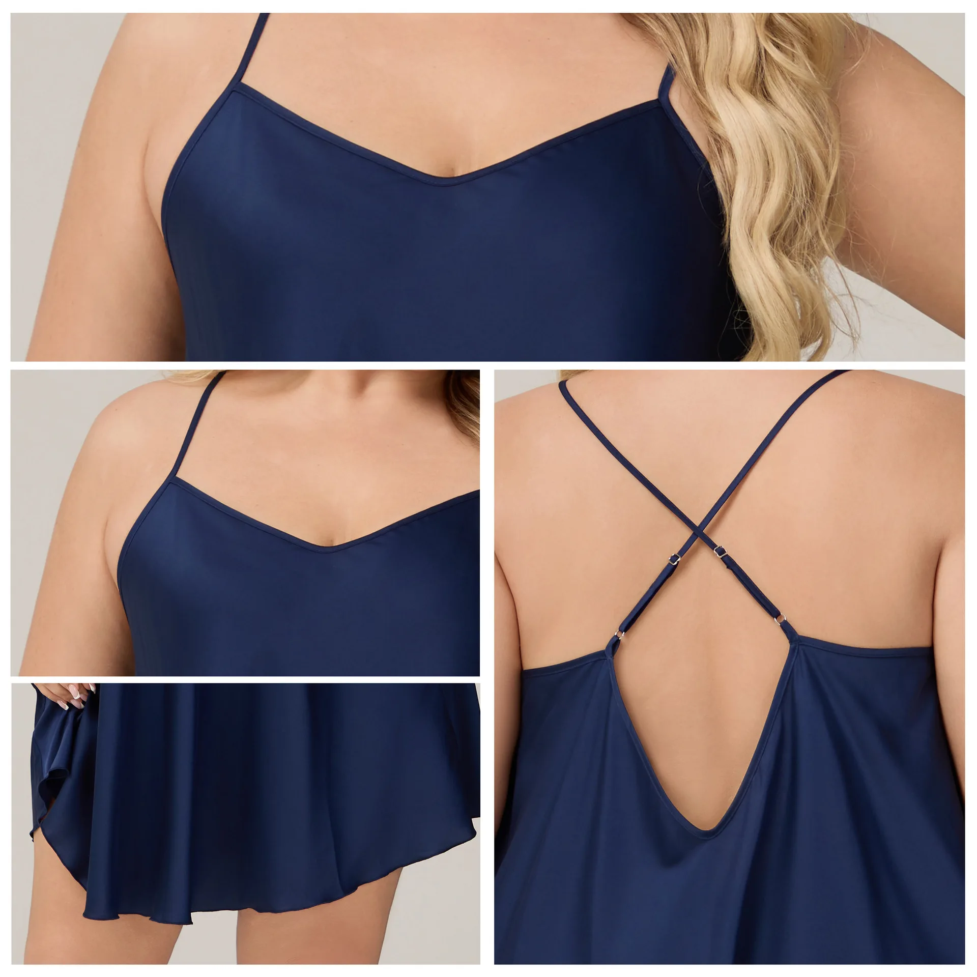 Gaun Tidur Satin Chiffon Ukuran Besar untuk Wanita |   Hadiah Romantis Natal - Gaun Tidur Pendek Tali Spaghetti Warna Polos