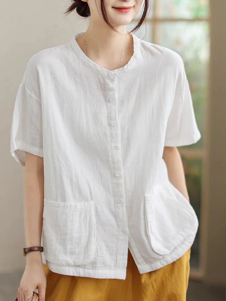 Amax lulue coreano 2025 verão senhoras clássico vintage camisas soltas femininas blusas de lazer solto sólido topos roupas de linho de algodão