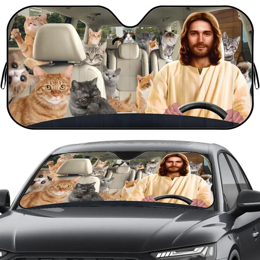

DRIVING JESUS AND CAT Sun Visor Reusable Aluminum Foil Windshield UV Protection Heat Insulation Cover Sunshade