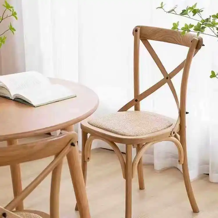 

Casual dining chair American home backrest small wooden chair coffee restaurant rattan stool French solid wood retro chair