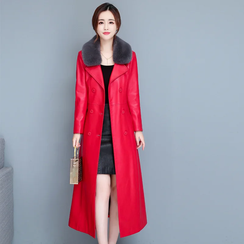 Chaqueta de cuero con cuello de algodón para mujer hasta la rodilla Otoño e Invierno nuevo estilo de moda cortavientos con cuello abatible chaqueta ajustada