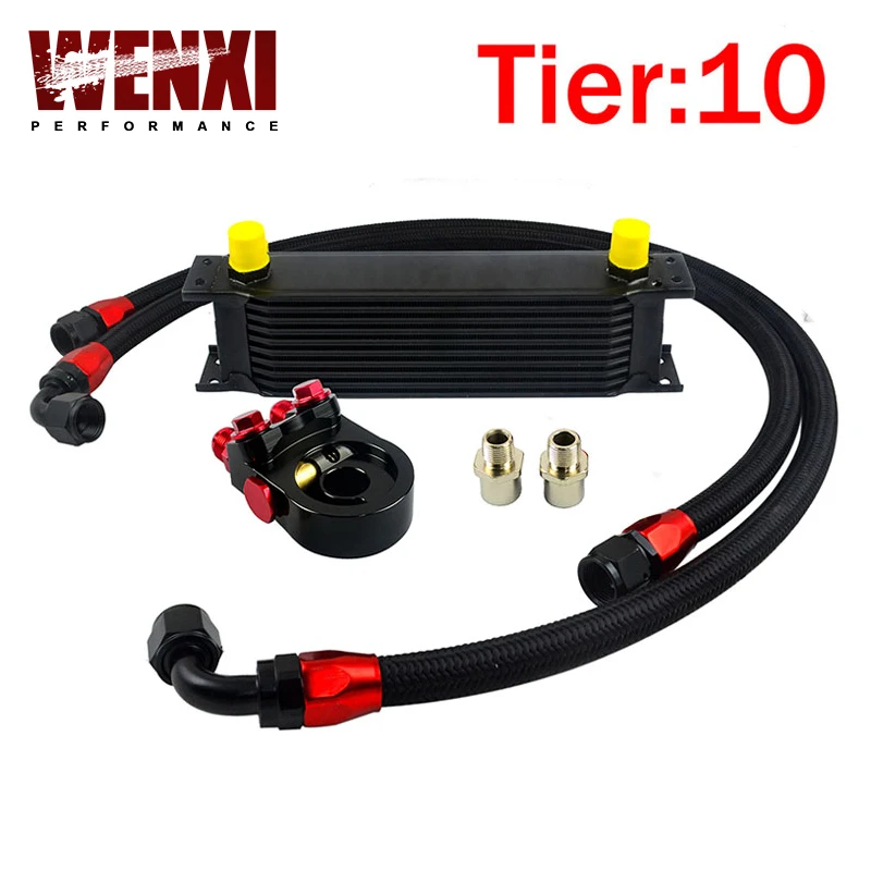 

Universal 10 ROWS OIL COOLER KIT ENGINE +AN10 oil Sandwich Plate Adapte with Thermostat +2PCS BRAIDED HOSE