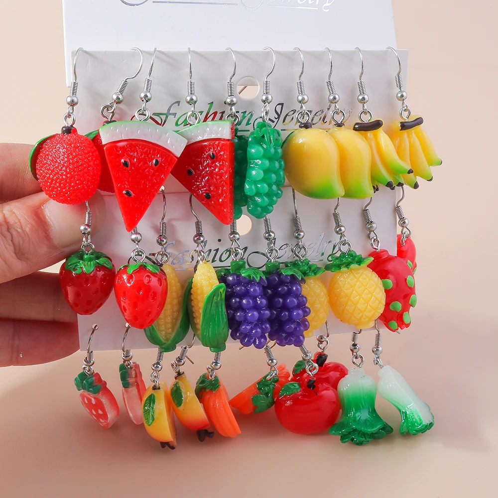 New Fashion Fruits Earrings for Women Cartoon Resin Pineapple Strawberry Popcorn Cherry Apple Banana Drop Earrings Funny Gifts